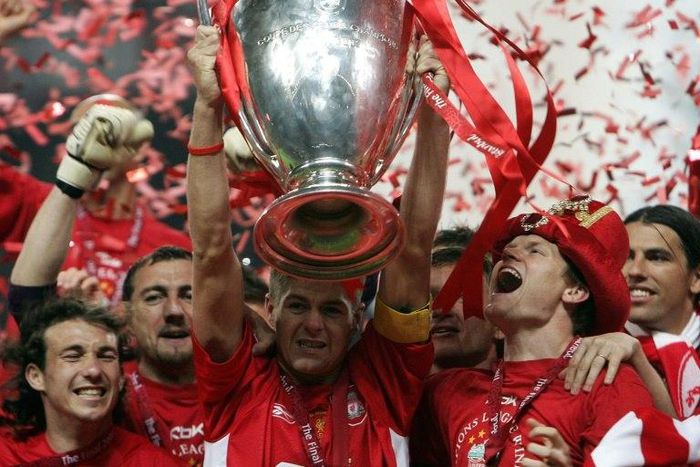 Liverpool's Steven Gerrard lifts the Champions League trophy after the 2005 final against AC Milan at the Ataturk Stadium in Istanbul