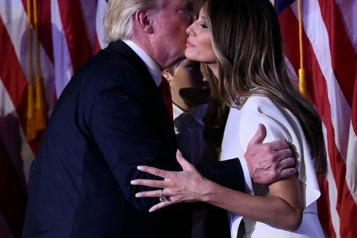 Donald Trump greets wife Melania at the New York Hilton Midtown in New York on November 8, 2016