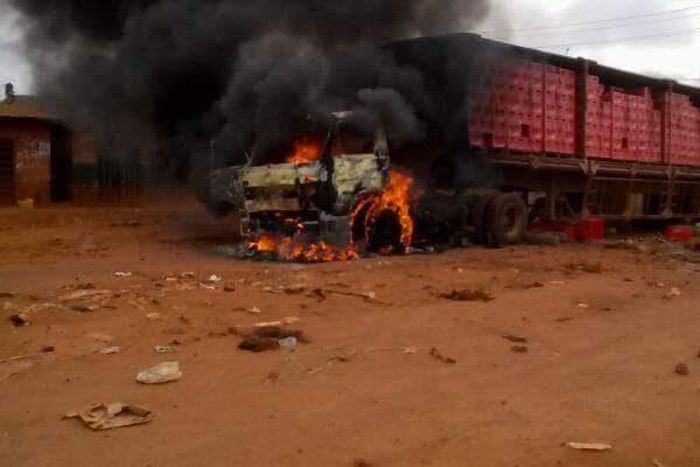 One of the trucks set on fire