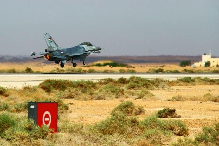 An F-16 Fighting Falcon from the Royal Jordanian Air Force takes off during an exercise at an air base in northern Jordan on May 12, 2014