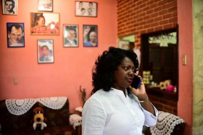 Cuban dissident, leader of the Human Rights organization Ladies in White, Berta Soler, speaks during a interview in Havana, on November 27, 2016, two days after the death of Cuban revolutionary leader Fidel Castro