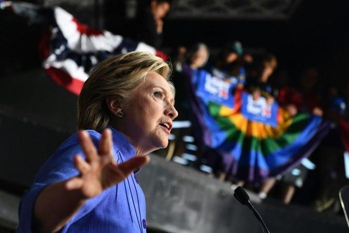US Democratic presidential nominee Hillary Clinton speaks in Wilton Manors, Florida, on October 30, 2016