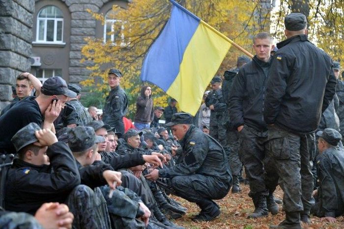 National Guard Soldiers protest in Kiev in 2014 to demand their demobilization