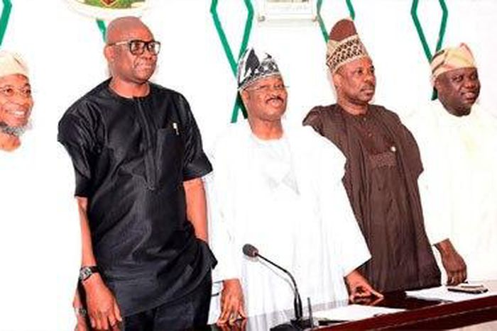 From Left to Right; Governor Rauf Aregbesola of Osun state; Governor Ayo Fayose of Ekiti state; Governor Abiola Ajimobi of Oyo state; Governor Ibikunle Amosun of Ogun state and Governor Akinwumi Ambode of Lagos state. 