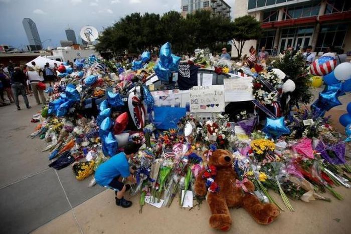 The makeshift memorial at Dallas Police Headquarters is pictured following the multiple police shootings in Dallas, Texas, U.S., July 9, 2016.