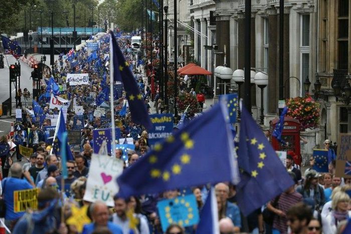 People carry EU flags during a March for Europe protest against the Brexit vote in London in September 2016