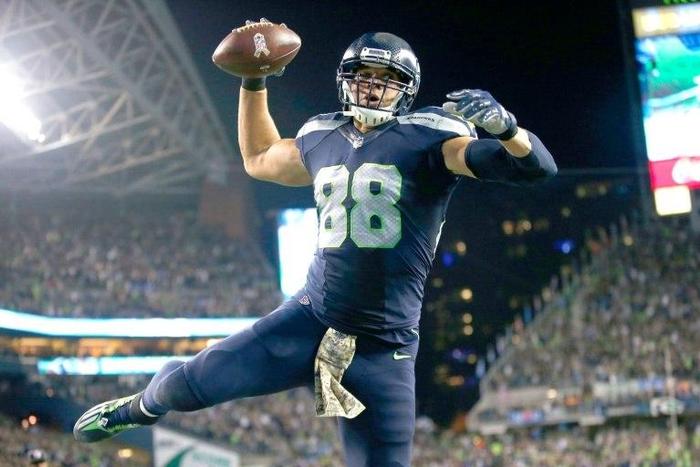 Tight end Jimmy Graham of the Seattle Seahawks spikes the ball after scoring a touchdown against the Buffalo Bills on November 7, 2016 in Seattle, Washington
