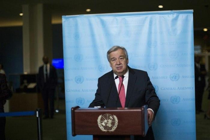 Antonio Guterres speaks to the media after being sworn in as UN secretary general December 12, 2016
