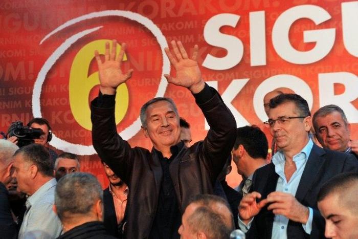 Montenegrin Prime Minister Milo Djukanovic and leader of ruling Democratic Party of Socialists celebrates after parliamentary elections in Podgorica on October 17, 2016