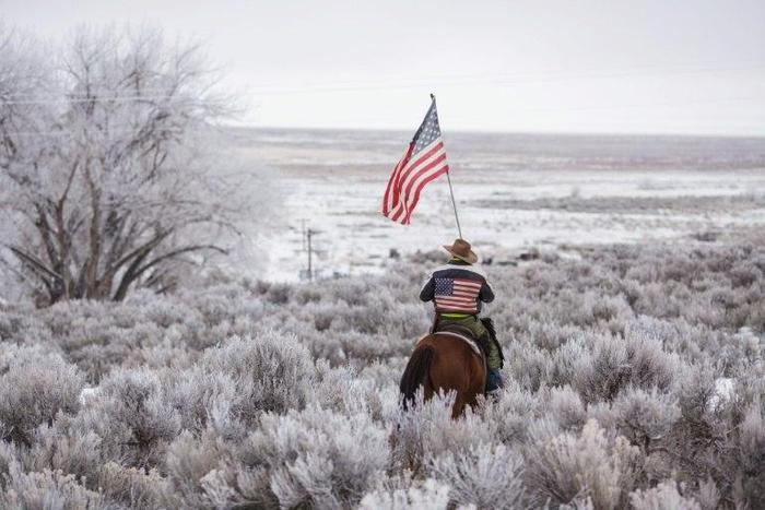Duane Ehmer rides his horse Hellboy at the occupied Malheur National Wildlife Refuge in Oregon on January 7, 2016