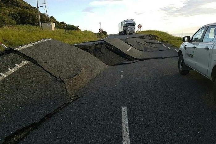 Earthquake damage to State Highway One near Ohau Point on New Zealand's South Island on November 14, 2016, after a powerful 7.8-magnitude earthquake struck off the coast
