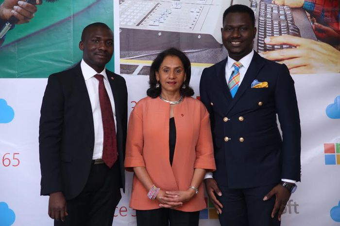 L-R: Head of Information Technology, Heirs Holdings, Austine Abolusoro; Chief Executive Officer, Tony Elumelu Foundation, Parminder Vir OBE and Philanthropies Lead, Microsoft Nigeria, Olushola Amusan during the launch of Microsoft Modern Non-Profit Cam...