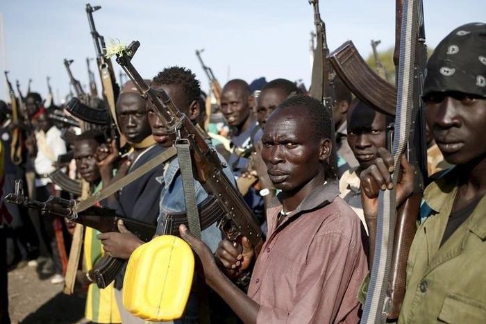 A file photo shows Jikany Nuer White Army fighters holding their weapons in Upper Nile State, South Sudan