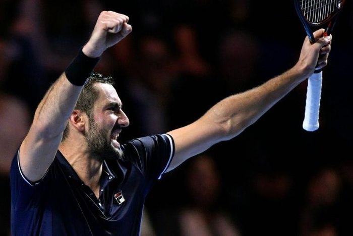 Croatia's Marin Cilic celebrates after beating Japan's Kei Nishikori in the Swiss Indoors ATP 500 tennis tournament in Basel on October 30, 2016