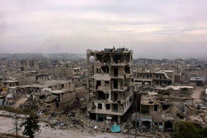 Destroyed buildings in Aleppo's eastern al-Shaar neighbourhood