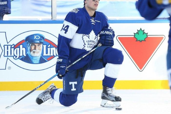 Auston Matthews of the Toronto Maple Leafs warms up prior to their game against the Detroit Red Wings, as part of the 2017 Scotiabank NHL Centennial Classic, at BMO Field in Toronto, Ontario, on January 1
