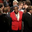 Democratic National Committee Chair Donna Brazile talks with attendees in the crowd before the start of the debate betweenDemocratic U.S. vice presidential nominee Senator Tim Kaine and Republican U.S. vice presidential nominee Governor Mike Pence at L...