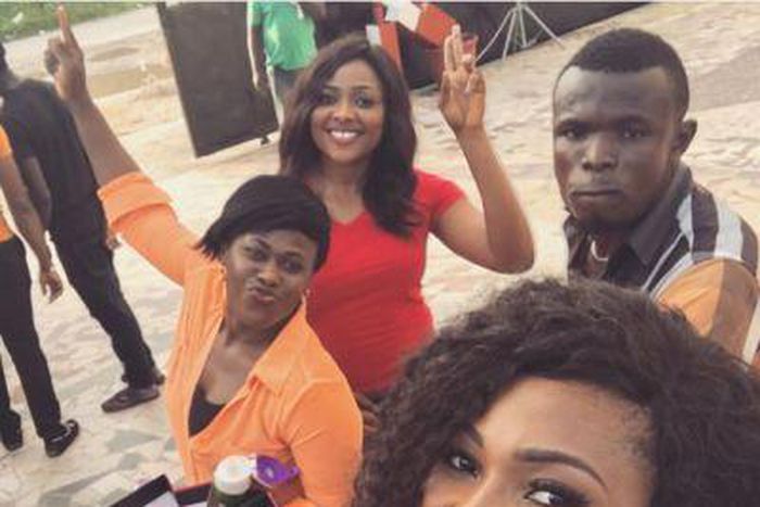 Lilian Esoro, Uche Jombo, Mary Lazarus on set of "Lost in Us"