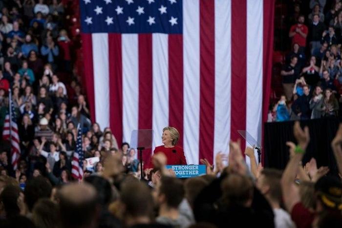 Democratic presidential nominee Hillary Clinton speaks during a midnight rally at Reynolds Coliseum in Morrisville, North Carolina