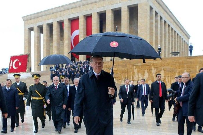 Turkish President Recep Tayyip Erdogan (C) at a ceremony marking the 93rd Anniversary of Republic Day in Ankara on October 29, 2016