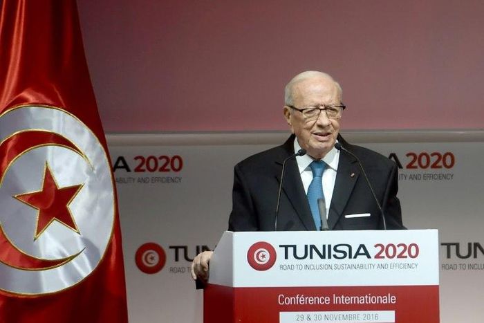 Tunisian President Beji Caid Essebsi gives a speech during the opening ceremony of the "Tunisia 2020" international investment conference on November 29, 2016 in Tunis