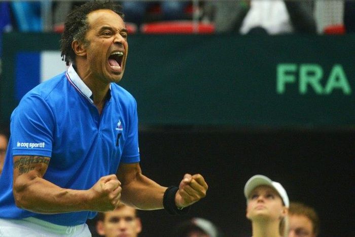 Captain of France's Davis Cup team, Yannick Noah reacting during the match between France and the Czech Republic in Trinec on July 17, 2016