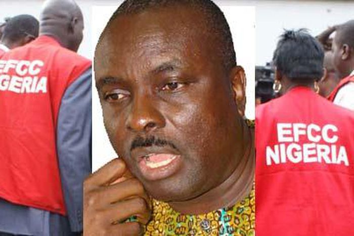 Former Delta state Governor, James Ibori in the picture with EFCC officials cut in.