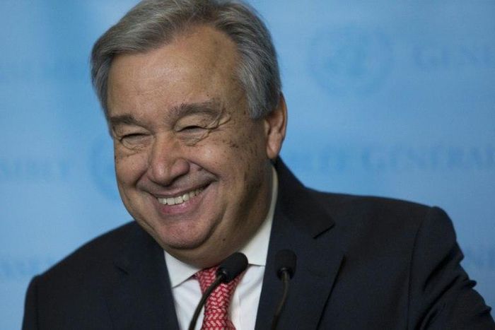 Antonio Guterres speaks to the media after being sworn in as UN secretary general December 12, 2016 at the United Nations in New York