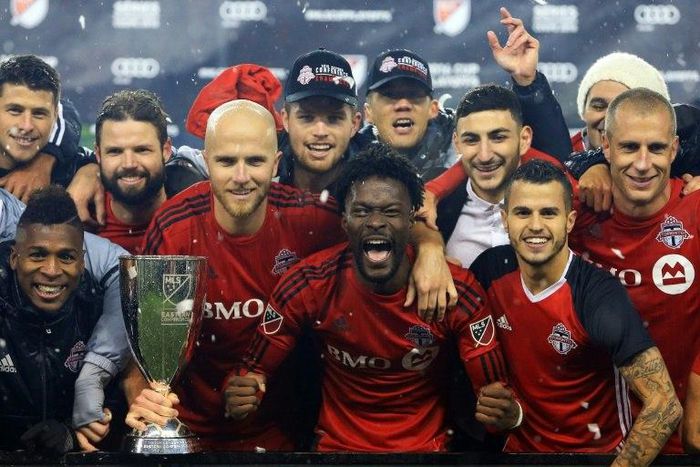 Toronto celebrate after a rainswept, extra-time win over Montreal to move to the MLS Cup final