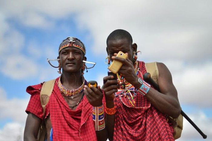 Kenyan Maasai 'Morans' (warriors) relay the GPS coordinates of the location of two-young lionesses they have been tracking on foot in the surrounding scrub, at the Selenkay Reserve, not far from Mount Kilimanjaro