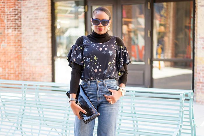 Style enthusiast Monica Awe Etuk sports the cold shoulder and denim trend
