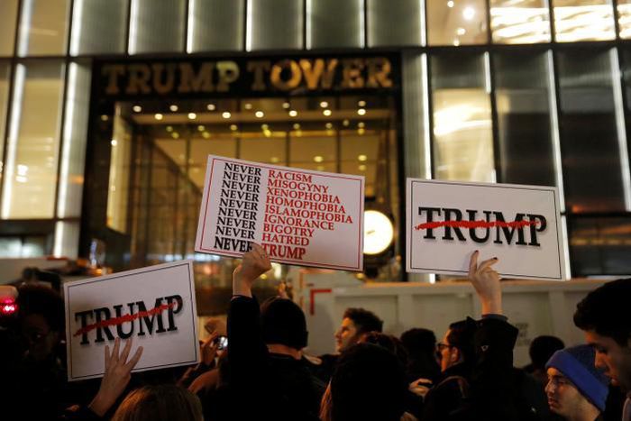  People protest outside Trump Tower following President-elect Donald Trump's election victory in Manhattan, New York, U.S., November 9, 2016.