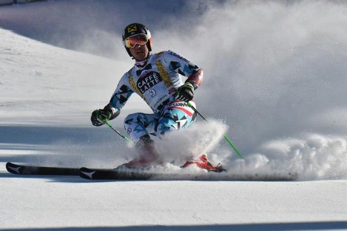 Austria's Marcel Hirscher crosses the finish line in the Men's Giant Slalom World Cup on December 18, 2016 in Alta Badia, in the Italian Alps