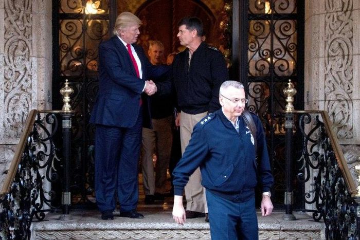 US President-elect Donald Trump (L) met on December 21, 2016 with a group of Pentagon brass including Vice Admiral James Syring, who heads the Missile Defense Agency