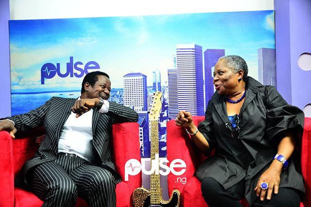 King Sunny Ade and Onyeka Onwenu at Pulse Nigeria studios.