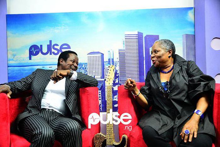 King Sunny Ade and Onyeka Onwenu at Pulse Nigeria studios.