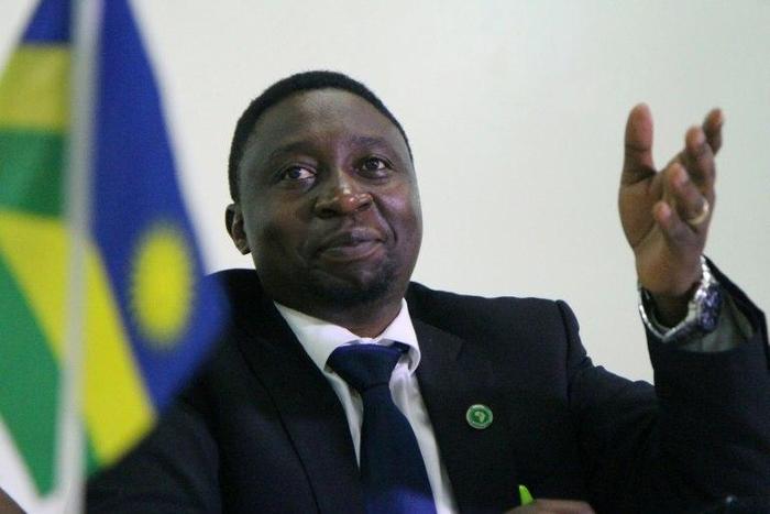 Frank Habineza, leader of the Democratic Green Party, a Rwandan opposition group, speaks during a political bureau on December 17, 2016 in Kigali, when he was appointed candidate for the next presidential election in August 2017