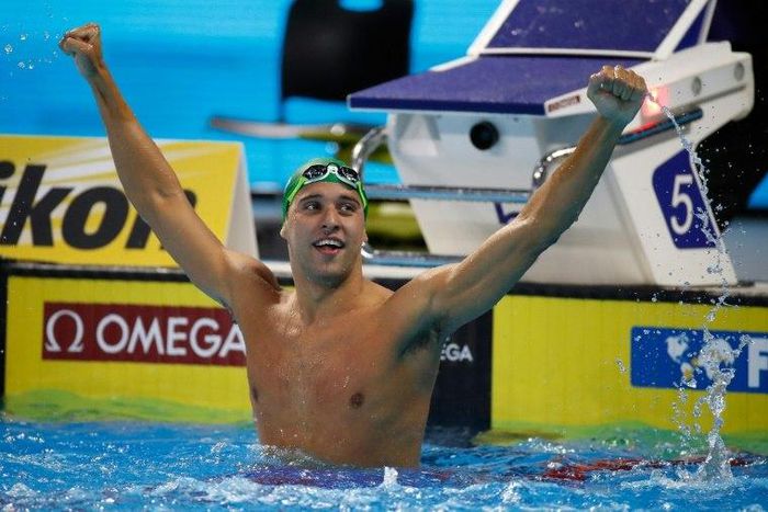 Chad Le Clos of South Africa celebrates after winning the 200m butterfly final on day one of the 13th FINA Short Course Swimming World Championships, at the WFCU Centre in Windsor, Ontario, Canada, on December 6, 2016