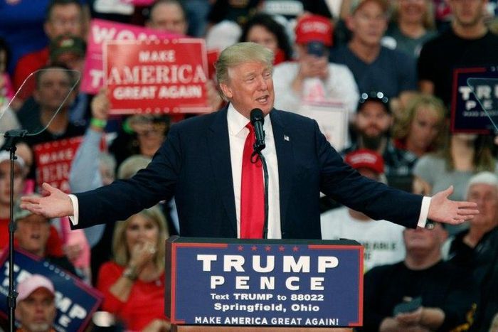 US Republican presidential nominee Donald Trump, seen at a rally in Ohio on October 27, 2016, repeated a modified version of Indian Prime Minister Narendra Modi's Hindi campaign slogan in a new ad aimed at the four million Indian Americans in the US
