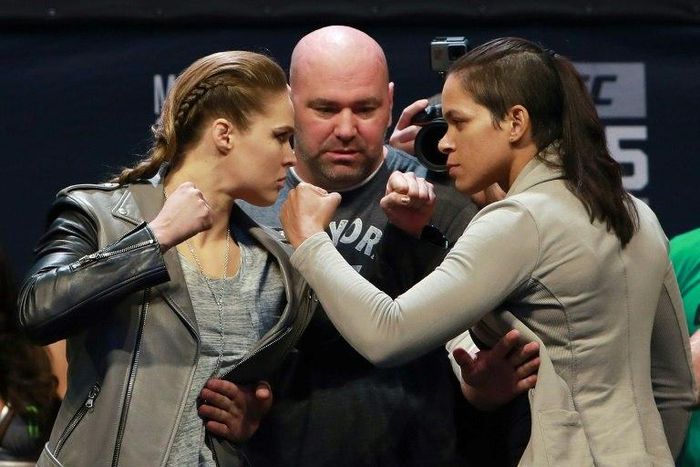 UFC Women's Bantamweight Champion Amanda Nunes faces off with Ronda Rousey in November 2016 after UFC 205 weigh-ins in preparation for their UFC 207 fight December 30, 2016