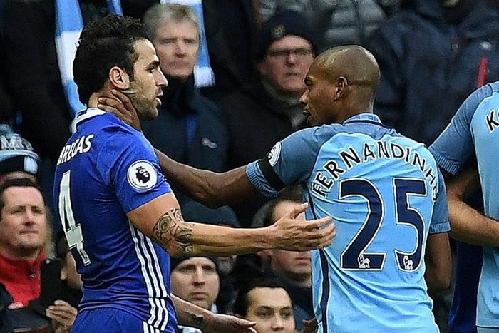 Manchester City midfielder Fernandinho (right) was sent off after an altercation with Chelsea's Cesc Fabregas on December 3, 2016