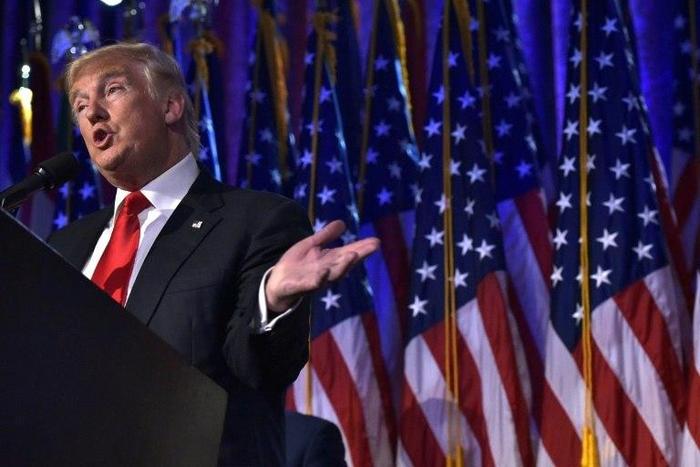 Donald Trump gives a speech during election night in New York on November 9, 2016