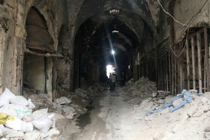 A picture taken on January 27, 2014 shows a general view of destruction in Aleppo's old market, in the UNESCO-listed northern Syrian city