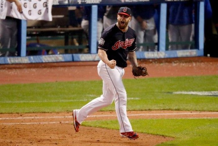 Mike Napoli of the Cleveland Indians reacts in Game Seven of the 2016 World Series at Progressive Field on November 2, 2016