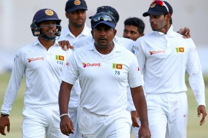 Captain Rangana Herath (centre) took five wickets as Sri Lanka closed in on victory against Zimbabwe in the second Test in Harare on November 9, 2016