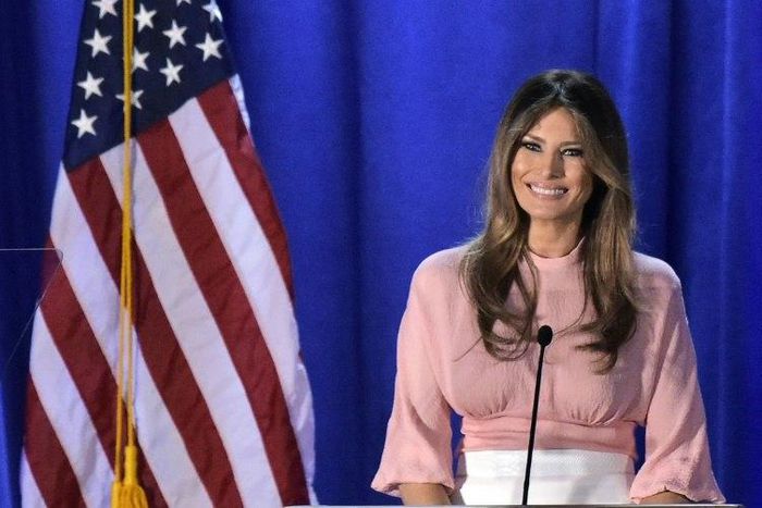 Melania Trump, the wife of Republican presidential nominee Donald Trump, speaks during a rally for her husband on November 3, 2016 at the Main Line Sports Center in Berwyn, Pennsylvania