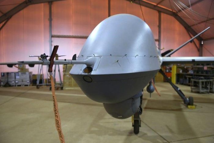 A US-made Reaper drone operated by the French military as part of Operation Barkhane, at the French army base in Niamey, Niger