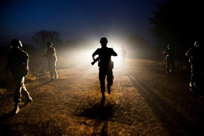 Peacekeeper troops from Ethiopia patrol at night in Abyei town, South Sudan