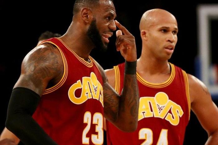 LeBron James of the Cleveland Cavaliers points to his eye after he was hit in the first half against the New York Knicks at Madison Square Garden