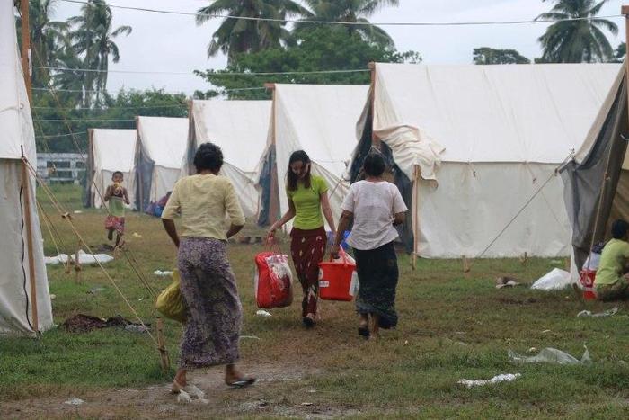 Displaced Rakhine residents are housed in tents at an evacuation center in Sittwe, the capital of western Myanmar's Rakhine State